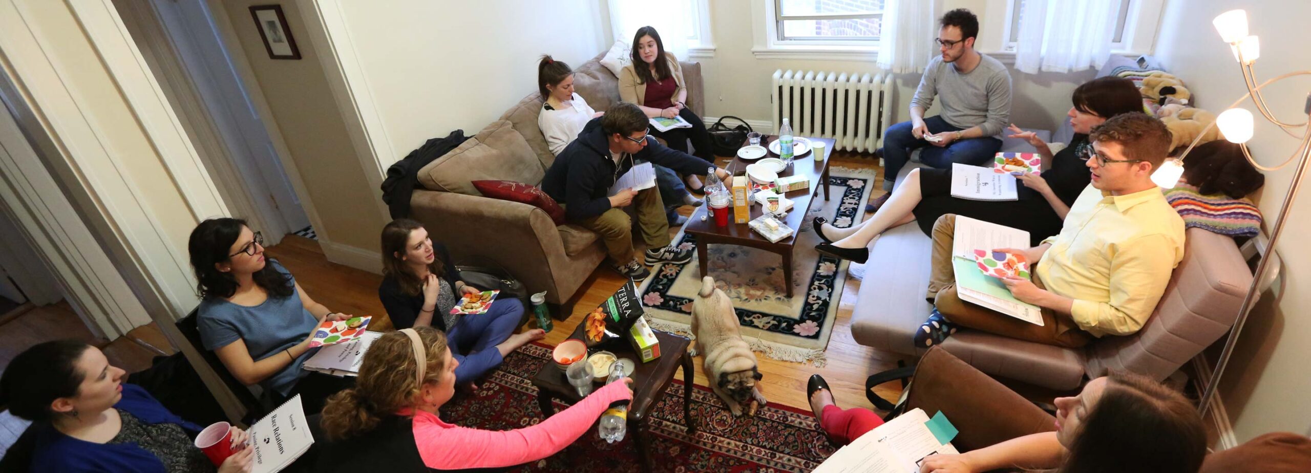 young adults talking in living room