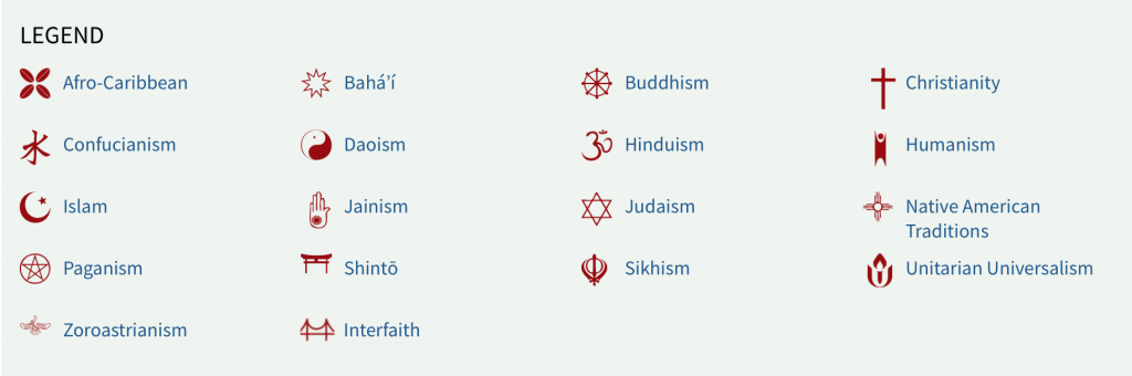 Pluralism Project's map key to the world religions of Boston. The interactive map can be found on their website: https://pluralism.org/boston