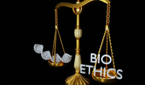 scales of justice with the text bioethics