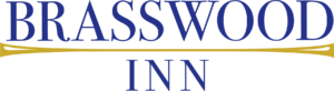 Navy text in all caps that says "Brasswood" above a horizontal, gold line with flared ends like instruments, and "Inn" beneath it in matching format