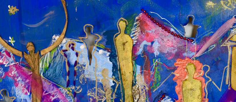 abstract painting of figures and building
